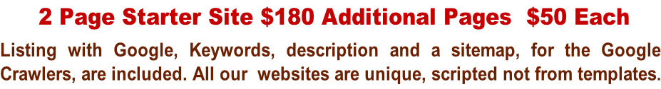 2 Page Starter Site $180 Additional Pages  $50 Each Listing with Google, Keywords, description and a sitemap, for the Google  Crawlers, are included. All our  websites are unique, scripted not from templates.
